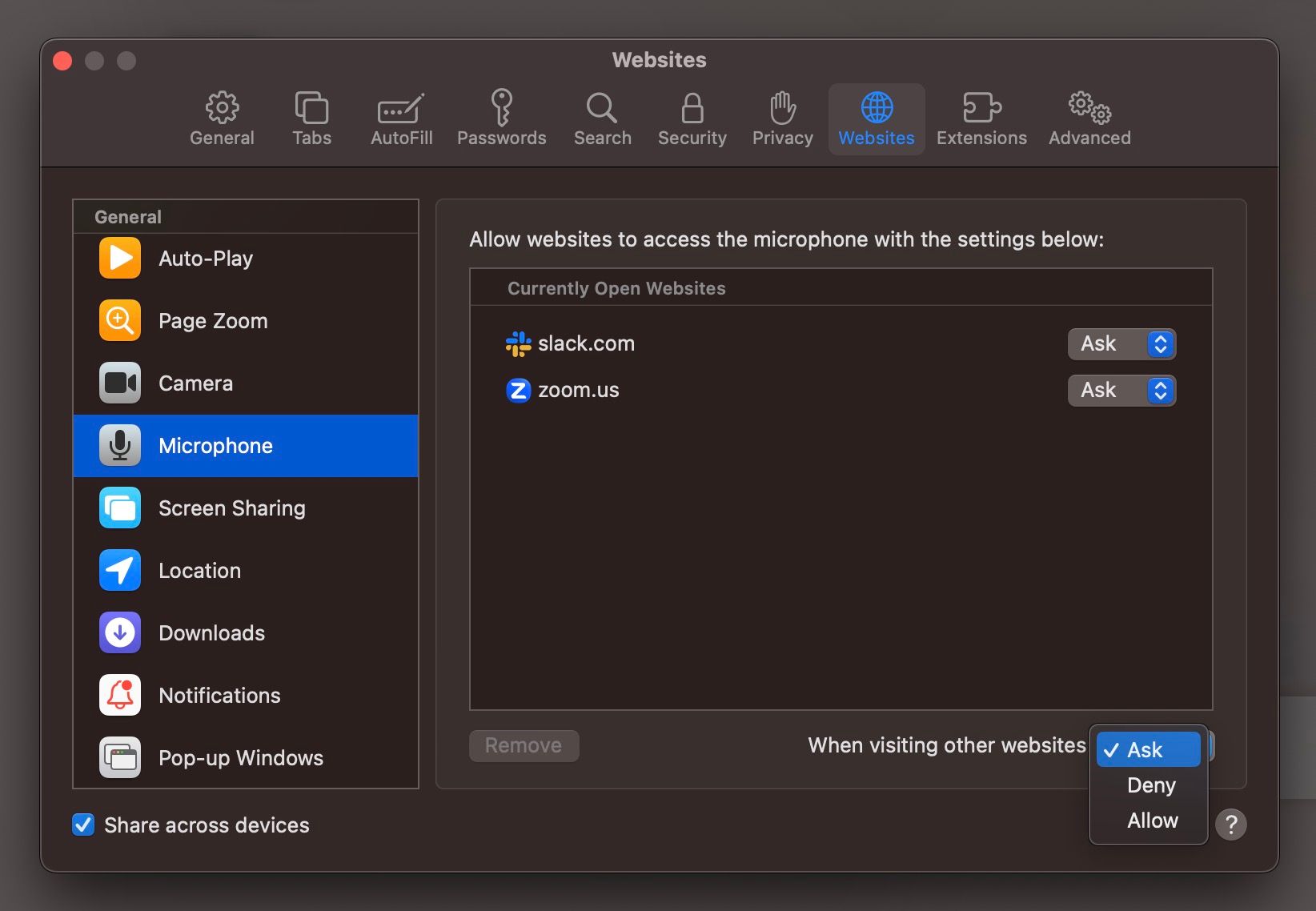 Настройки сайтов и разрешений в Safari