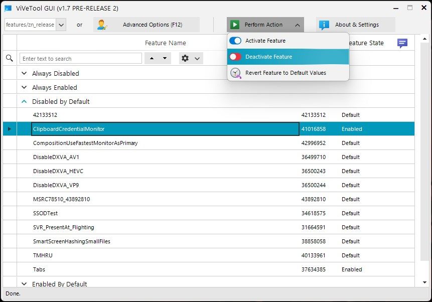 ViVeTool GUI: деактивация функции