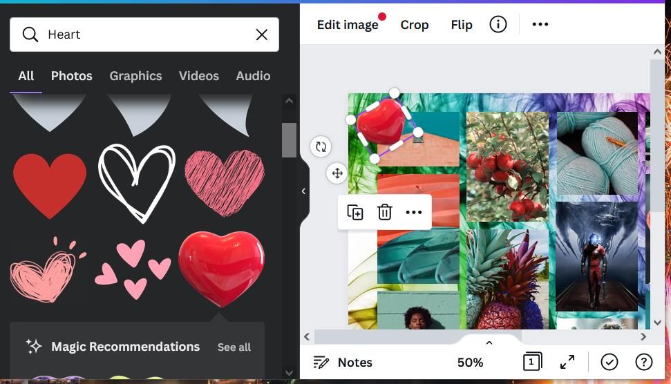 Панель элементов в Canva со стикерами и фигурами