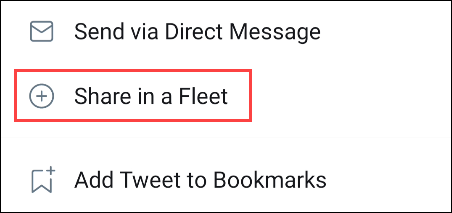Опция поделиться твитом в Fleet в меню «Поделиться»
