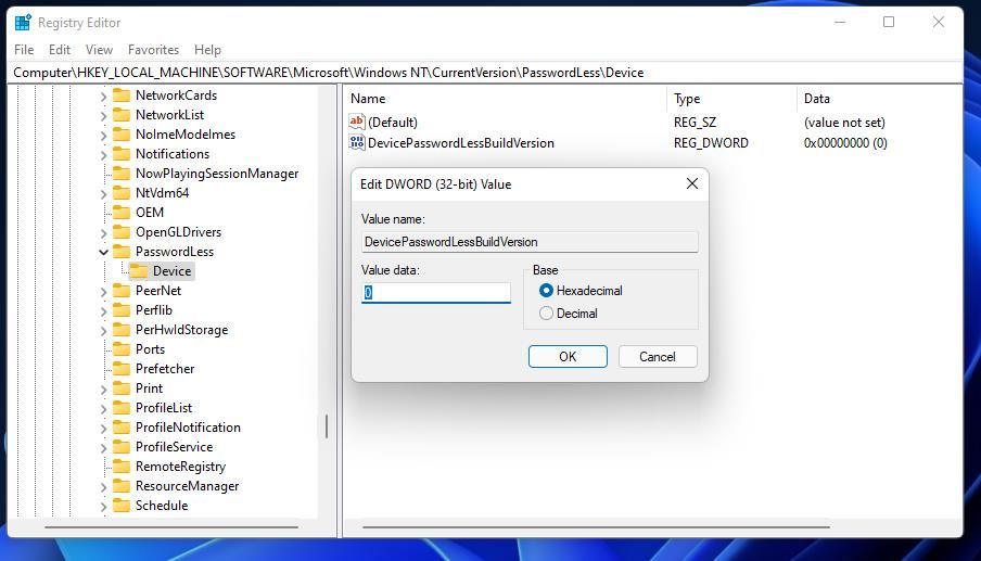 Окно редактирования DWORD DevicePasswordLessBuildVersion