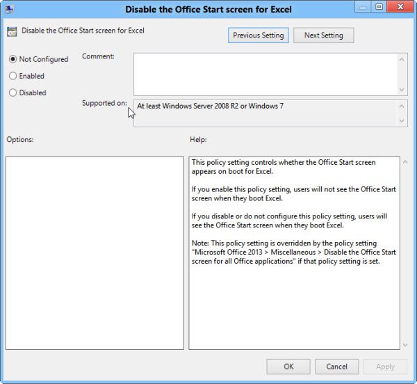 Опция «Отключить стартовый экран Office для Excel» в редакторе групповой политики