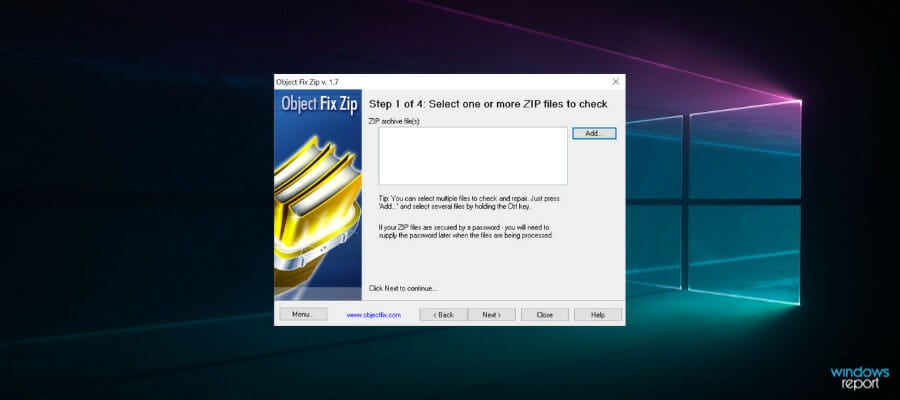 Интерфейс Object Fix Zip