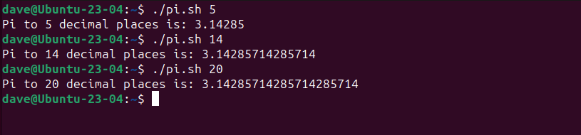 Вывод скрипта pi.sh, показывающий Пи с разной точностью