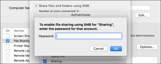 Запрос пароля для включения Windows File Sharing у конкретного аккаунта