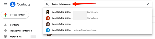 Поиск и выбор контакта в Google Contacts