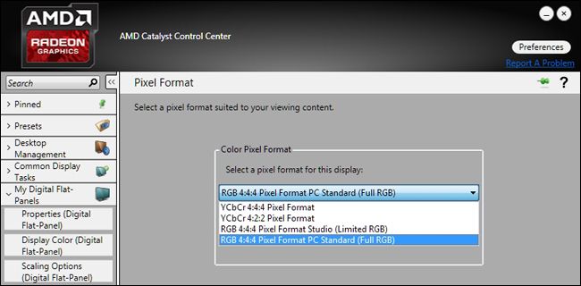 Параметр AMD Radeon — RGB 4:4:4 Pixel Format PC Standard (Full RGB) 