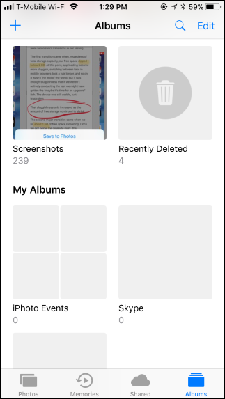 Просмотр скриншотов в альбомах приложения Фото