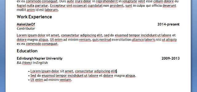 Пример форматирования разделов резюме: жирный шрифт и маркированные списки
