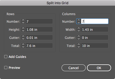 Диалог Split into grid в Illustrator для создания сетки месяца