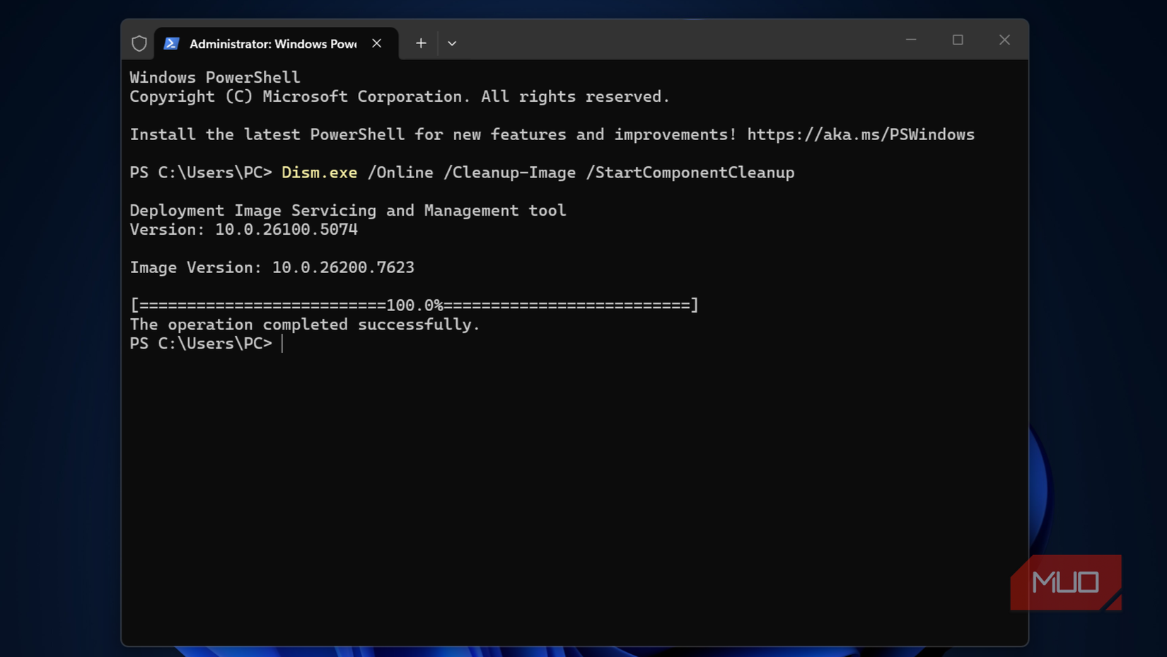 Команда DISM в Windows Terminal для запуска очистки хранилища компонентов