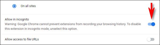 Включите переключатель «Разрешить в режиме инкогнито» для расширения