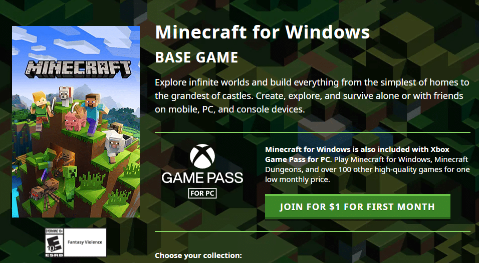 Страница продукта Minecraft в Microsoft Store