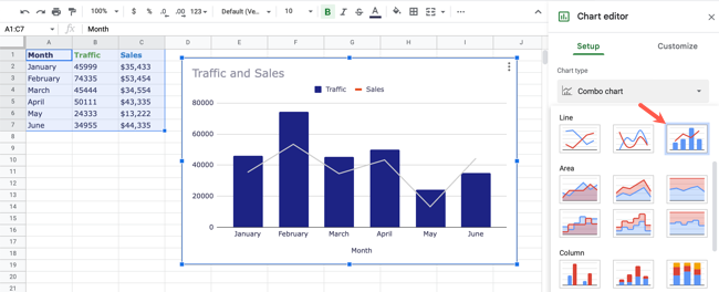 Выбор типа: Комбинированная диаграмма в меню выбора типа диаграммы.