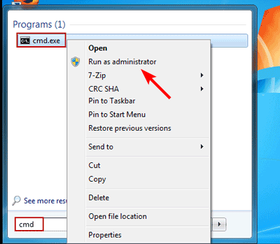 Окно поиска и запуск командной строки от администратора