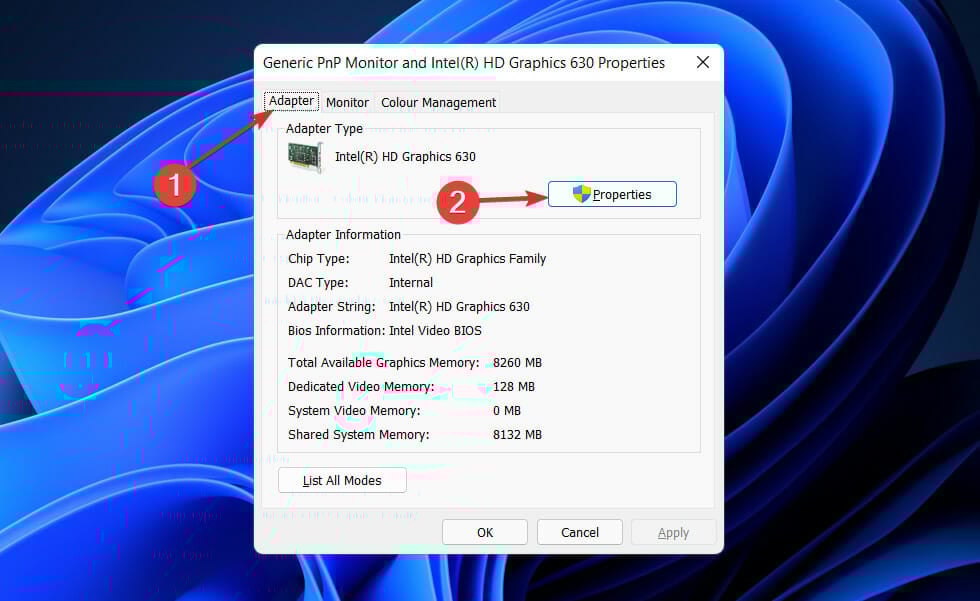 Вкладка «Адаптер» и кнопка «Свойства»