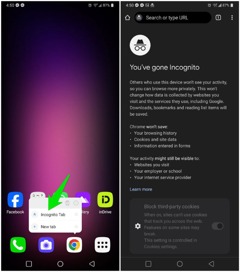 Запуск инкогнито через иконку Chrome на Android