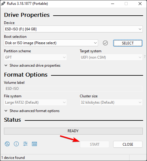 Кнопка Start в Rufus