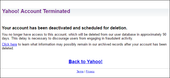 Информация об удалении данных Yahoo