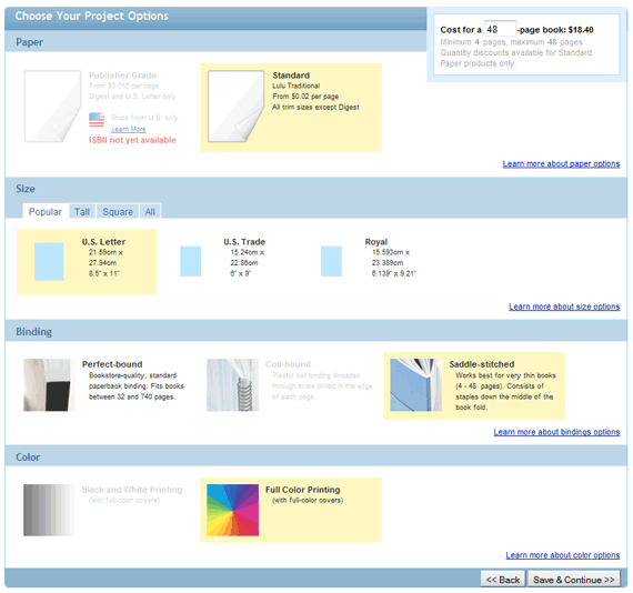 Параметры печати и себестоимость
