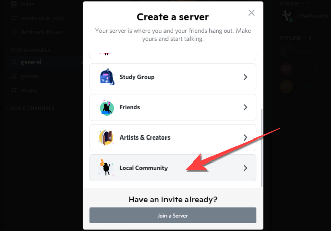 Выберите шаблон Local Community для локального сообщества