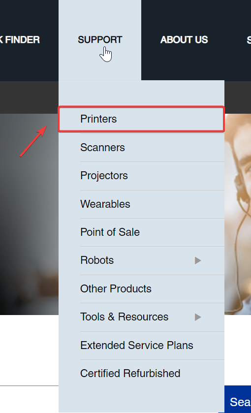Переход в раздел принтеров на сайте Epson