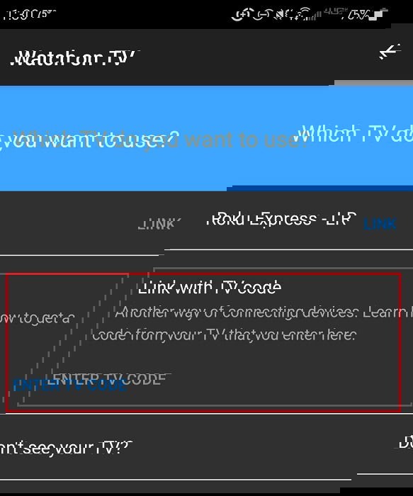 Переход к вводу кода ТВ в мобильном приложении YouTube