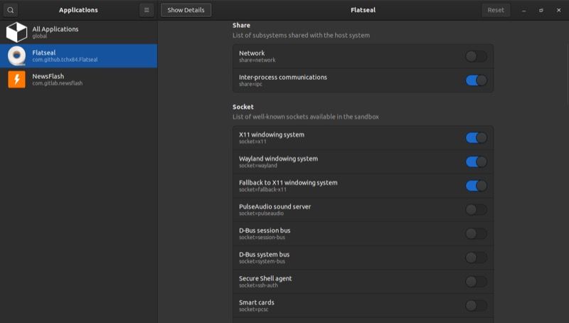 Просмотр разрешений Flatpak в Flatseal