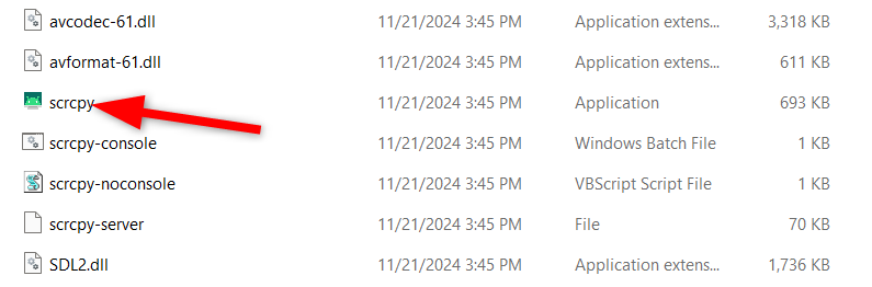 Запуск scrcpy.exe в папке с распакованным приложением