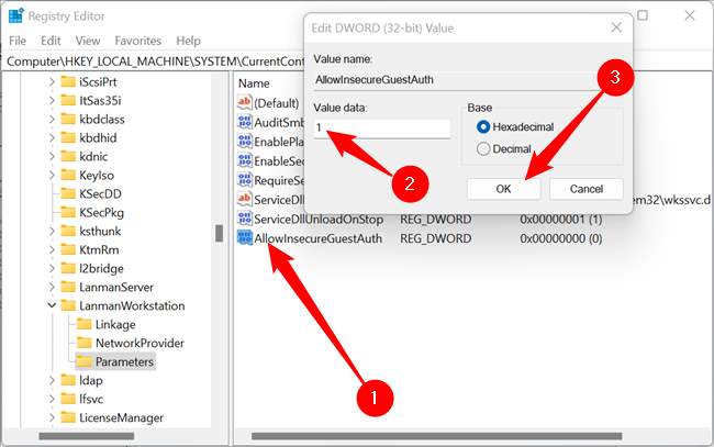 Создание DWORD AllowInsecureGuestAuth и установка значения 1.
