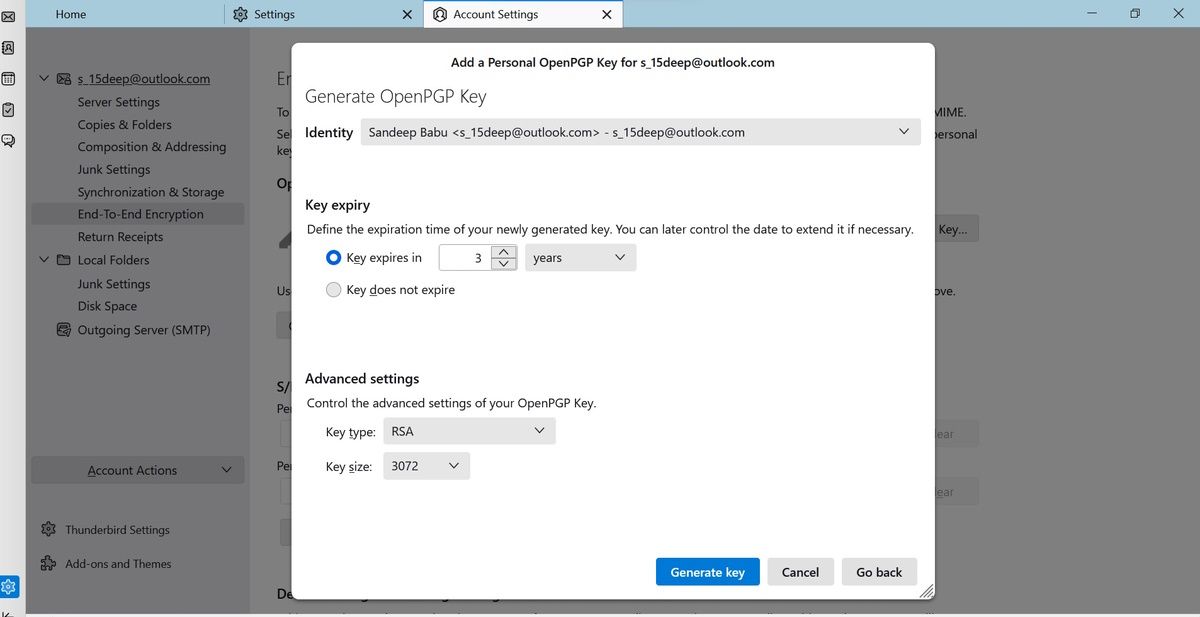 Скриншот генерации нового ключа шифрования в Thunderbird