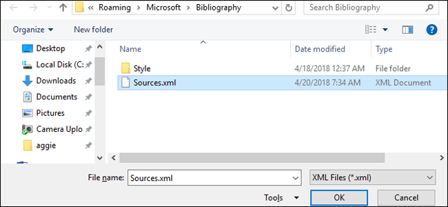 Диалог открытия XML-файла со списком источников
