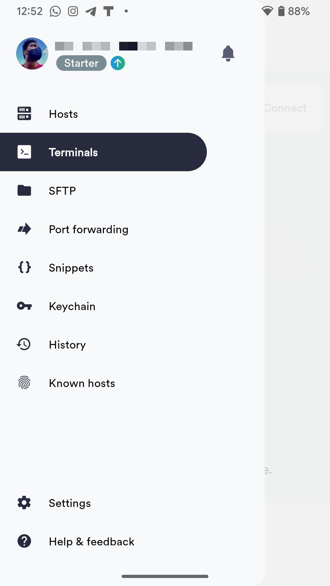 Выбор Terminals в приложении Termius на Android