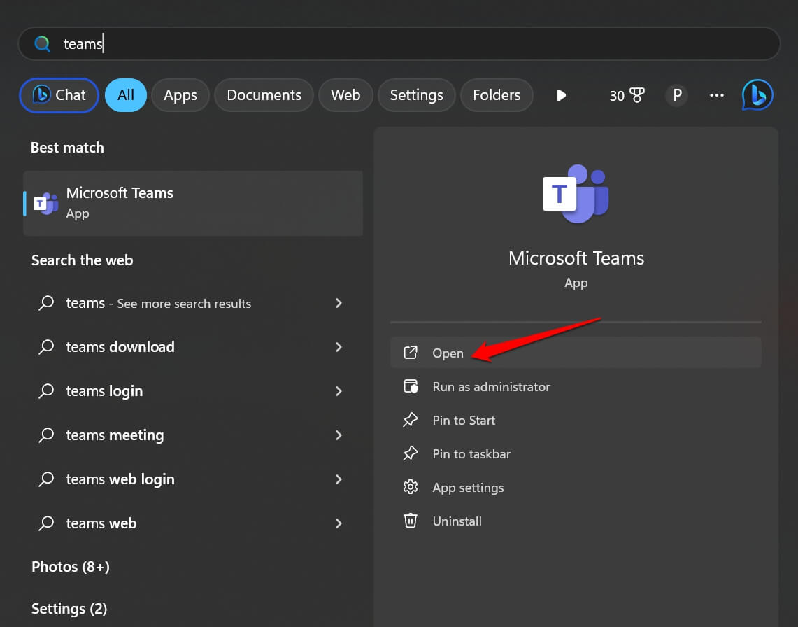 Запуск Microsoft Teams через Поиск Windows