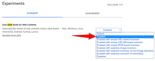 Активация опции принудительной тёмной темы для содержимого веб-страниц.