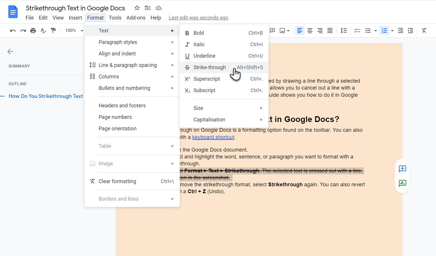 Интерфейс Google Docs с зачёркнутым текстом