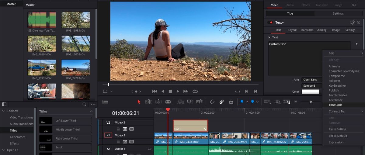 TimeCode добавлен в Text+ в DaVinci Resolve