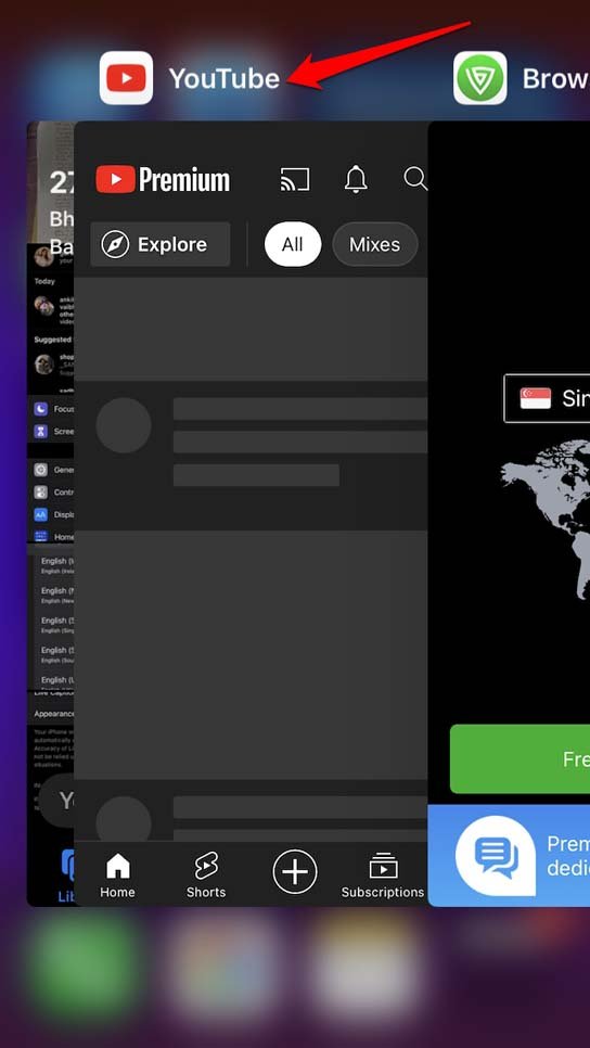 Закрытие приложения YouTube на iOS жестом