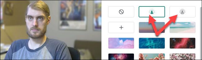 Параметры размытия фона и список фоновых изображений в панели Google Meet