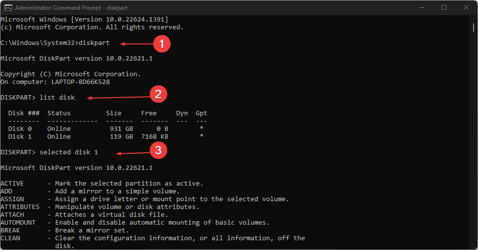 Команды DiskPart в командной строке