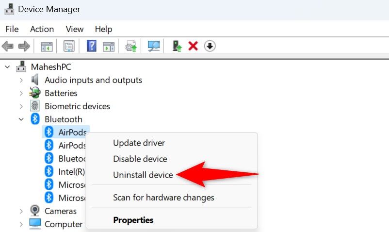 Диспетчер устройств: Uninstall Device выделен для Bluetooth-устройства