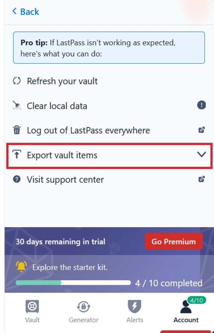 Показ процесса экспорта паролей