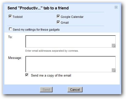 Окно «Поделиться вкладкой» в iGoogle: выбор гаджетов и поле для e‑mail адресов