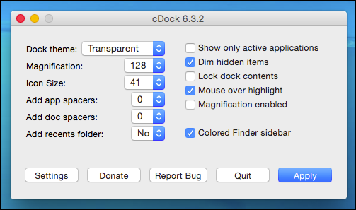 Окно cDock с параметрами темы