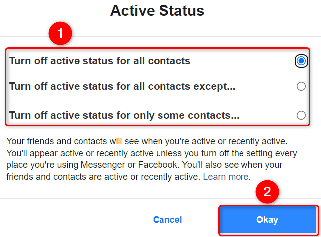 Выключение активного статуса на рабочем столе Facebook.