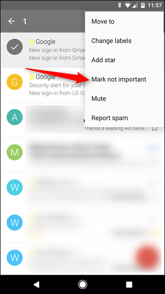 Скриншот: вариант Mark Not Important в мобильном меню