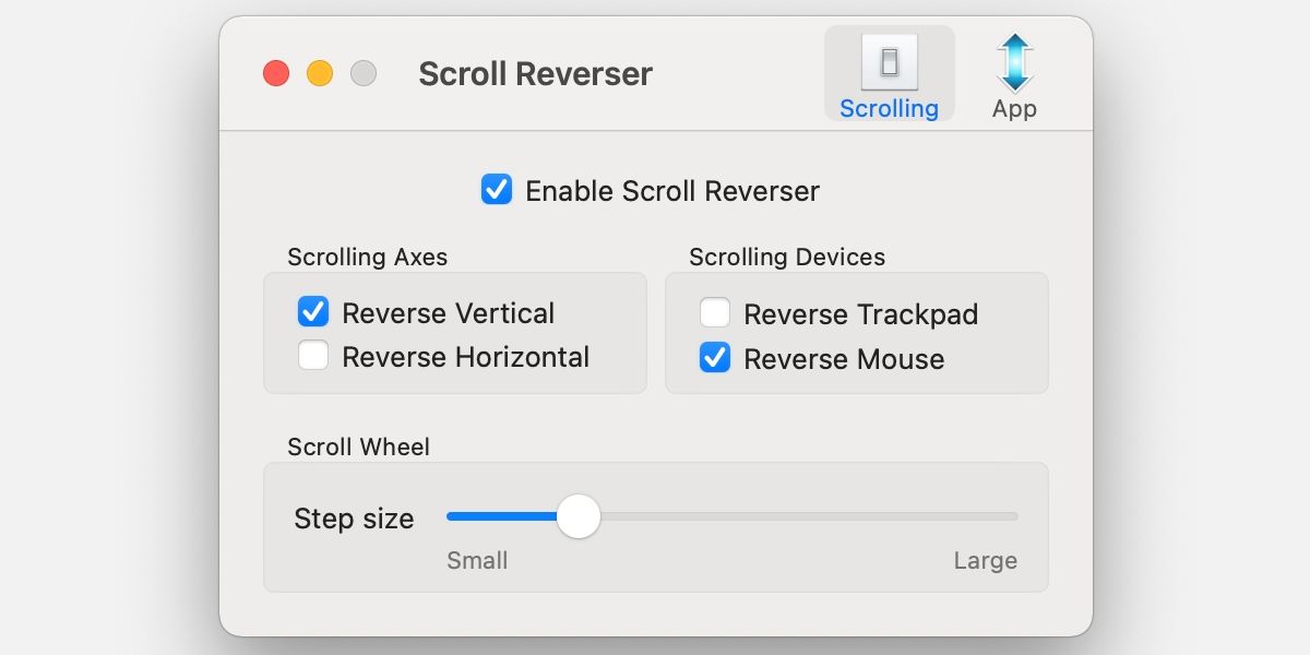 Окно настроек прокрутки Scroll Reverser.