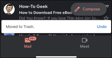 Всплывающее уведомление: письмо перемещено в корзину