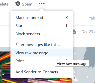 Просмотр raw‑сообщения в Yahoo: скриншот меню