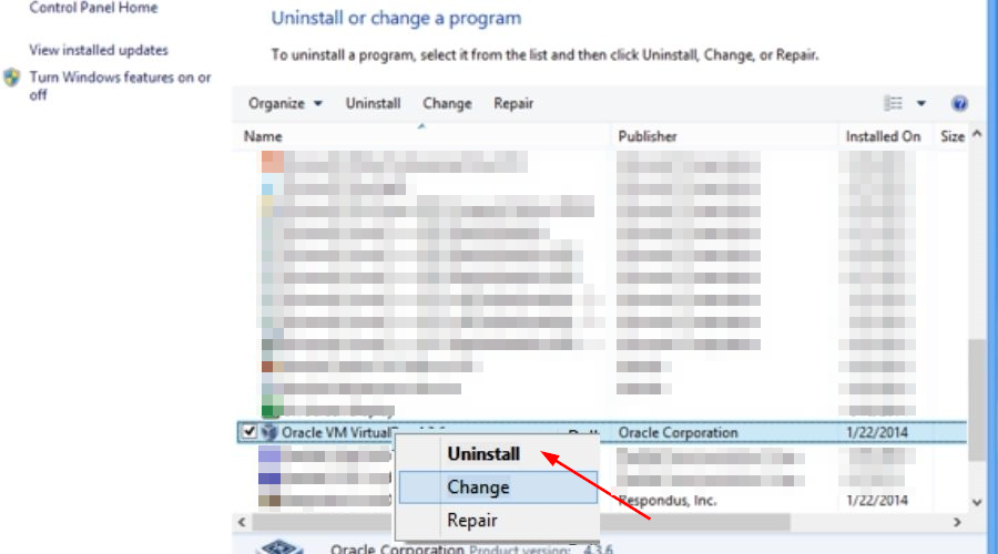 Удаление VirtualBox из списка программ